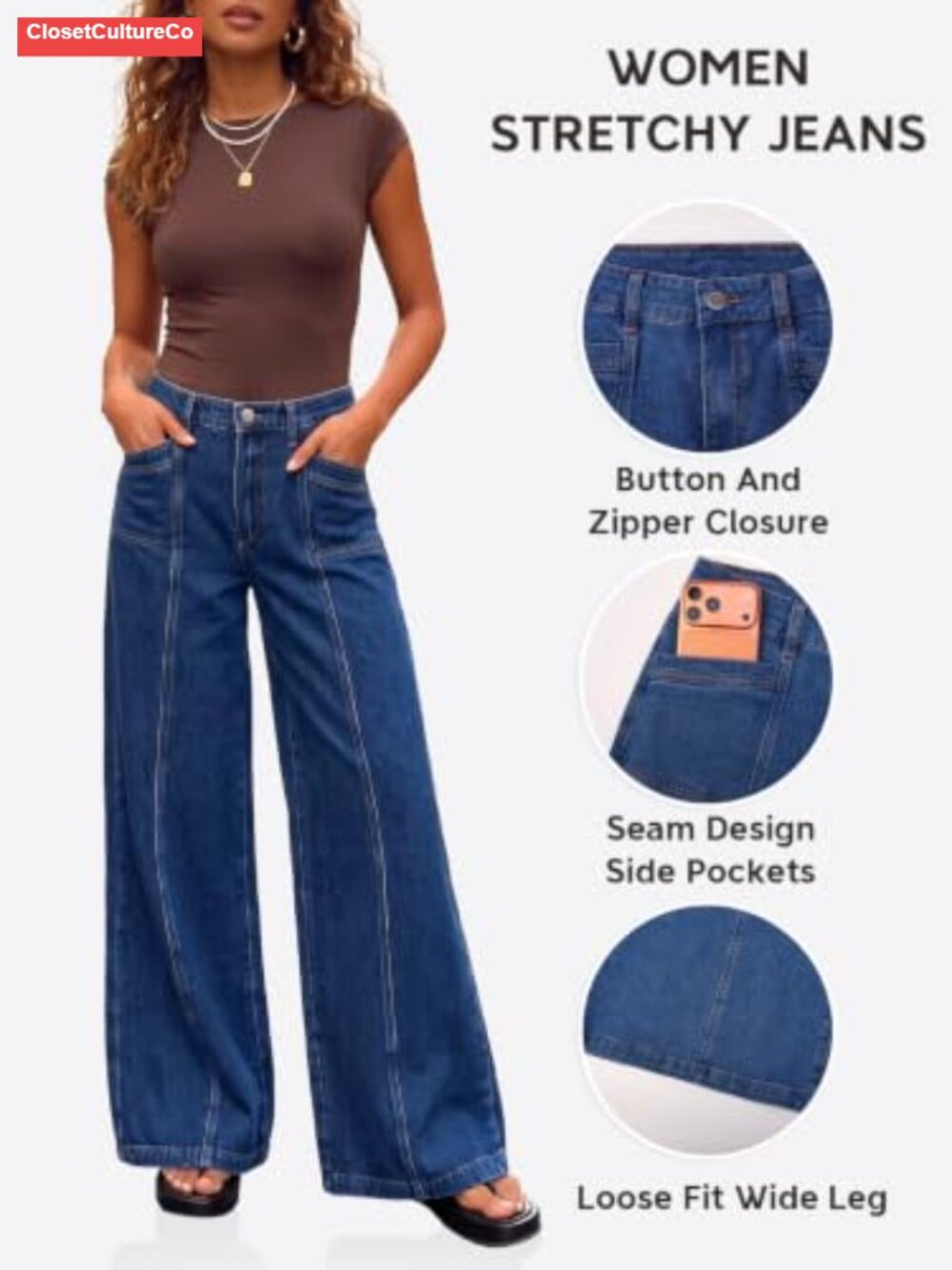High Rise Wide Leg Stretch Denim Jeans Seam Front Women - Picture 5 of 6